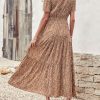 Women's Summer Casual Short Flutter Sleeve Round Neck Smocked Waist Tiered Boho Floral Flowy Maxi Dress