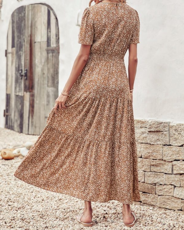 Women's Summer Casual Short Flutter Sleeve Round Neck Smocked Waist Tiered Boho Floral Flowy Maxi Dress