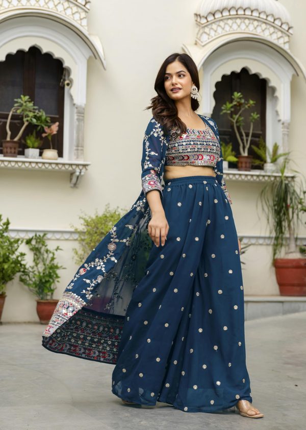 Women's Georgette Embroidery Crop Top with Flared Palazzo and Shrug Set