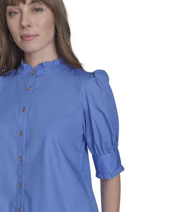 Women's Short Sleeve Ruffle Neck Button Front Shirt