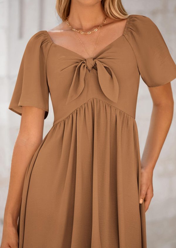 2025 Summer Dress for Women Casual Short Sleeve Bow Tie V Neck Ruffle Midi Flowy Dresses