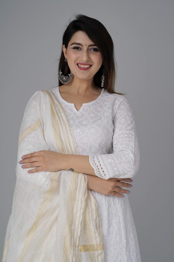 Chikankari Cotton Anarkali Indian Kurti For Women Summer Dress Kurta Pant With Dupatta Set Pakistani Kurta