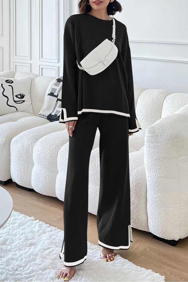 Women's 2 Piece Knit Sweater Set Casual Long Sleeve Pullover Wide Leg Pants Sweatsuit Tracksuit Outfit