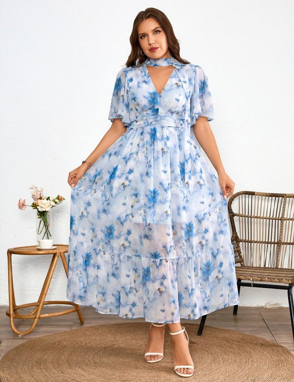 Women's 2025 Floral Summer Dress Smocked V Neck Boho Plus Size Beach Party Wedding Guest Ruffle Long Dresses