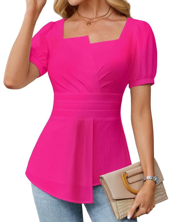 Women's Dressy Casual Blouses Business Casual Tops 2025 Summer Short Sleeve Work Shirt Smocked Back