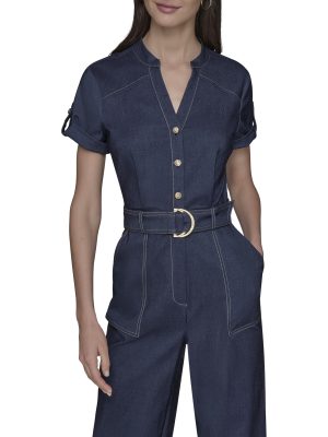 Womens Button Front Belted Jumpsuit