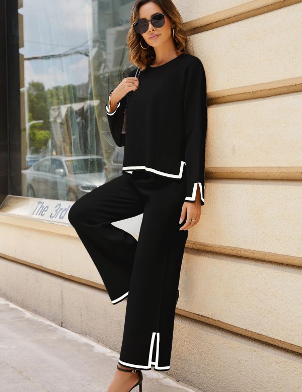 Women's 2 Piece Outfits Long Sleeve Knit Sweater Top Wide Leg Pants Lounge Sets Tracksuits