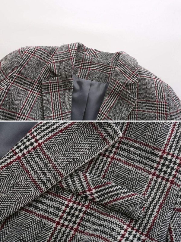 Women's Notch Lapel 2 Button Boyfriend Blazer Suit Houndstooth Plaid Jacket Coat
