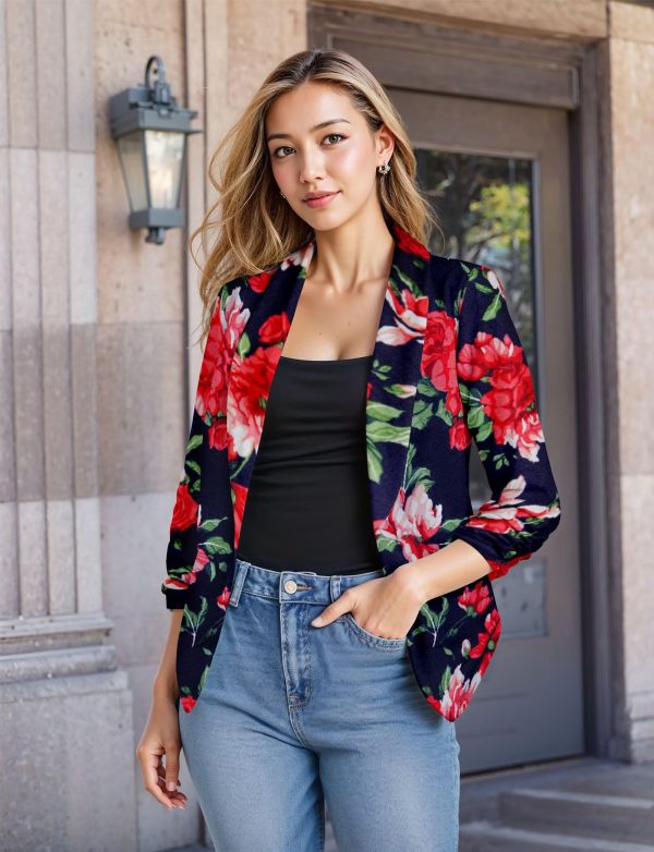 Women's Casual Work Office Blazer Jacket Open Front Shawl with 3/4 Scrunch Sleeves