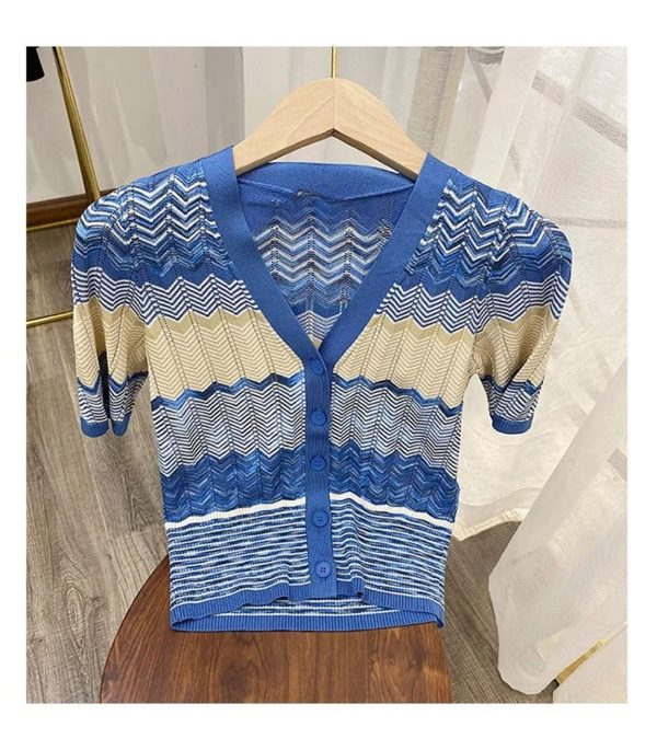 Women's Striped Knit Set - V-Neck Short Sleeve Top & Midi Skirt