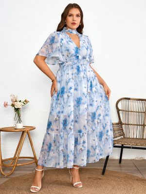 Women's 2025 Floral Summer Dress Smocked V Neck Boho Plus Size Beach Party Wedding Guest Ruffle Long Dresses