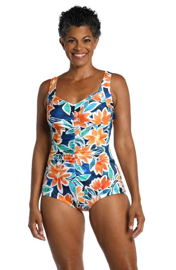 Women's One Piece Bathing Suit Shirred Girl Leg Swimsuit