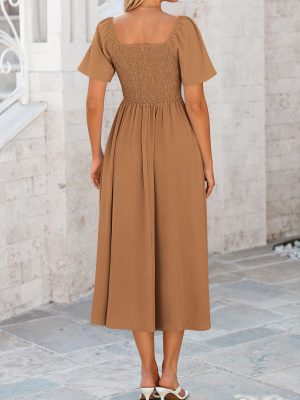 81mWvrNni-L.jpg 2025 Summer Dress for Women Casual Short Sleeve Bow Tie V Neck Ruffle Midi Flowy Dresses