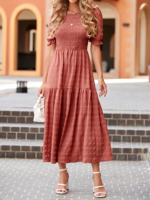 Womens Summer Dresses 2025 Casual Puff Short Sleeve Crewneck Smocked Flowy Ruffle Boho Beach Party Maxi Sundress