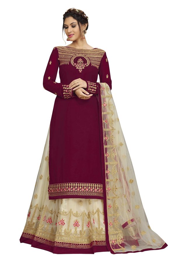 Women's Georgette Net Embroidery Salwar Suit Set Kurta Lehenga with Dupatta