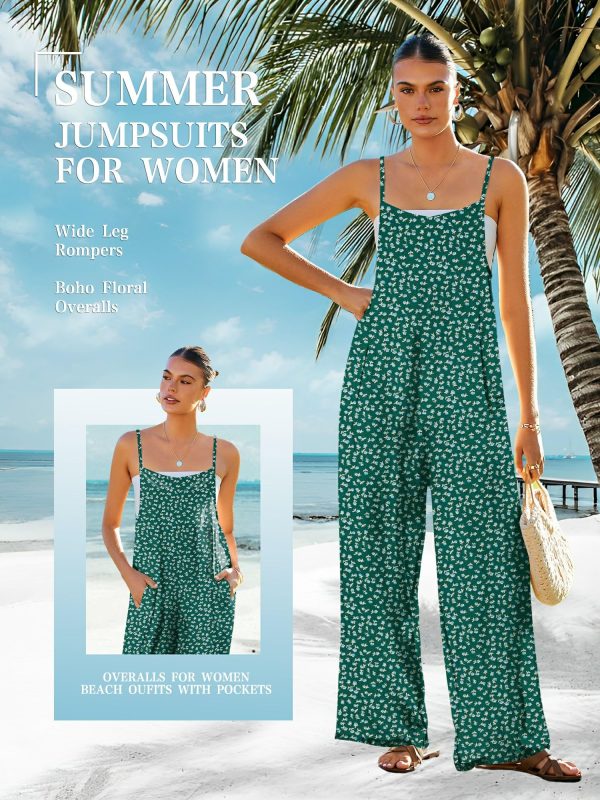 Women's Summer Jumpsuits Boho Wide Leg Overalls Casual Floral Print Rompers Beach Outfits with Pockets