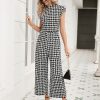 Women's Houndstooth Mock Neck Cap Sleeve Wide Leg Jumpsuit Pants