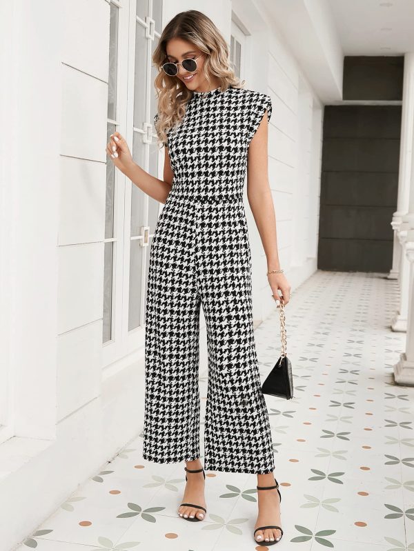 Women's Houndstooth Mock Neck Cap Sleeve Wide Leg Jumpsuit Pants