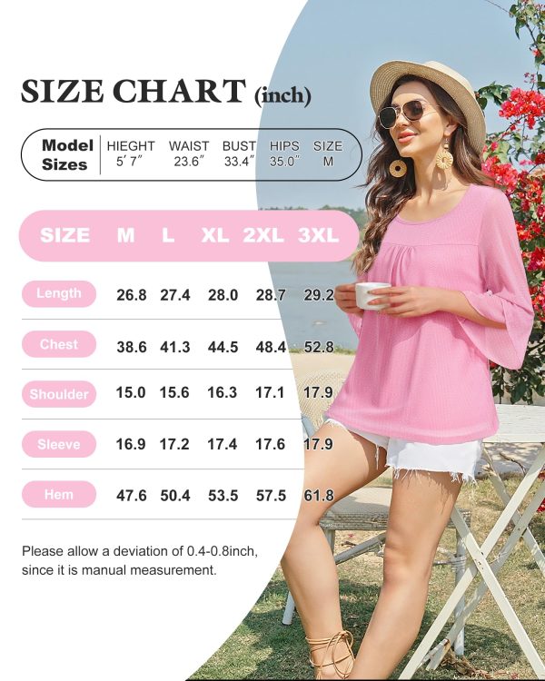Women's Ruffle 3/4 Sleeve Elegant Dressy Blouses Crew Neck Double Layers Mesh Tunic Tops