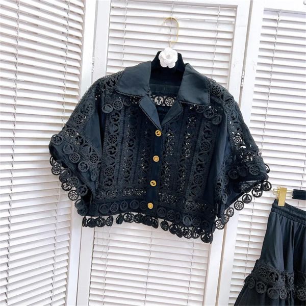 Women’S Embroidered Lace Jacket with Pleated Skirt Set Summer Holiday Wear Hollow Out Design Two Piece Outfit