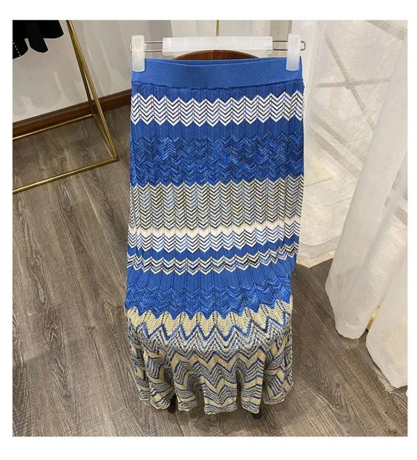 Women's Striped Knit Set - V-Neck Short Sleeve Top & Midi Skirt