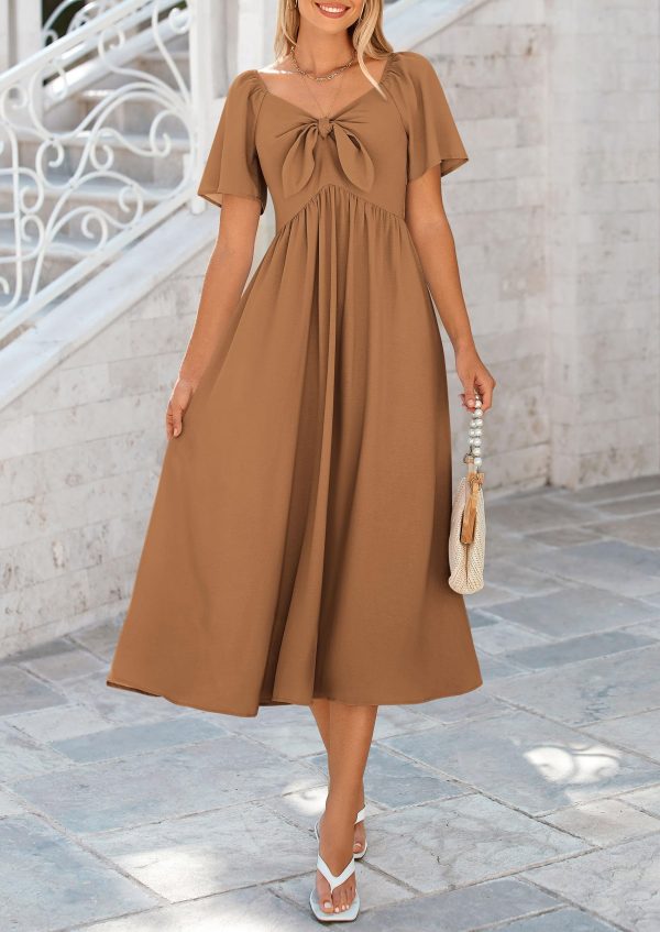 2025 Summer Dress for Women Casual Short Sleeve Bow Tie V Neck Ruffle Midi Flowy Dresses