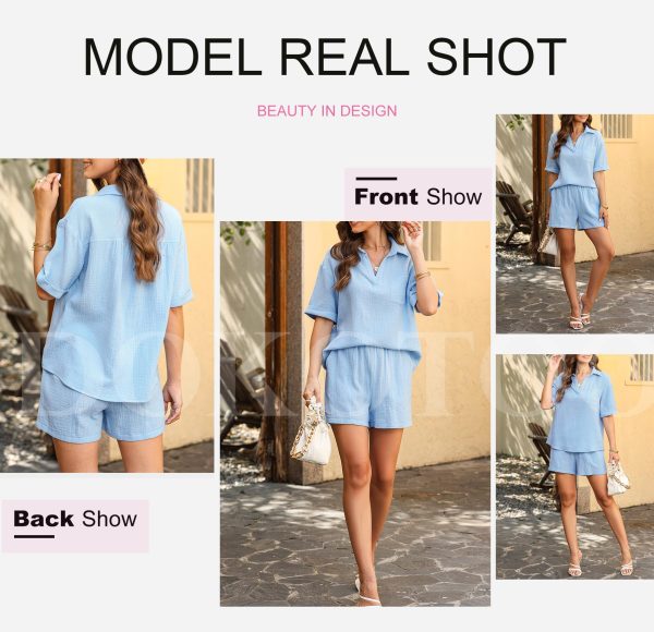 Women's Two Piece Outfits V Neck Short Sleeve Shirts and High Waist Shorts Lounge Sets