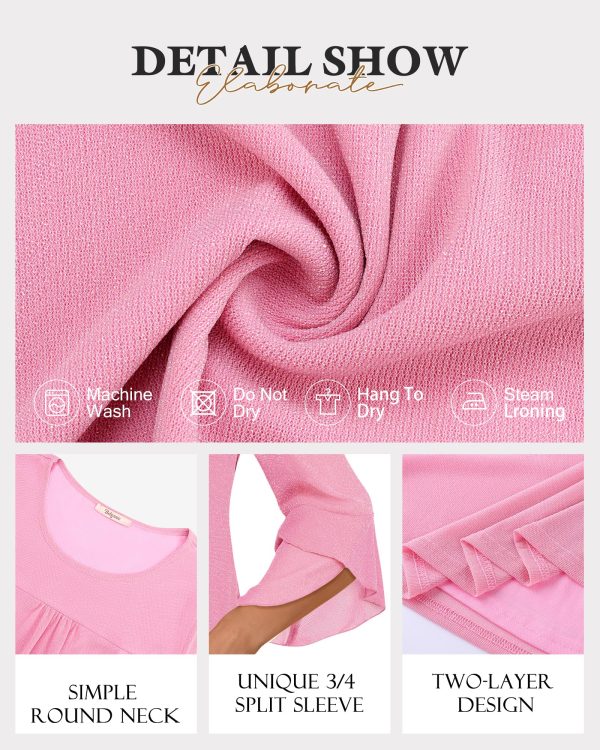 Women's Ruffle 3/4 Sleeve Elegant Dressy Blouses Crew Neck Double Layers Mesh Tunic Tops