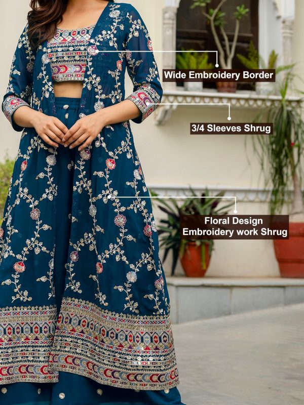 Women's Georgette Embroidery Crop Top with Flared Palazzo and Shrug Set
