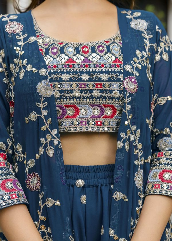 Women's Georgette Embroidery Crop Top with Flared Palazzo and Shrug Set