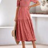 Womens Summer Dresses 2025 Casual Puff Short Sleeve Crewneck Smocked Flowy Ruffle Boho Beach Party Maxi Sundress
