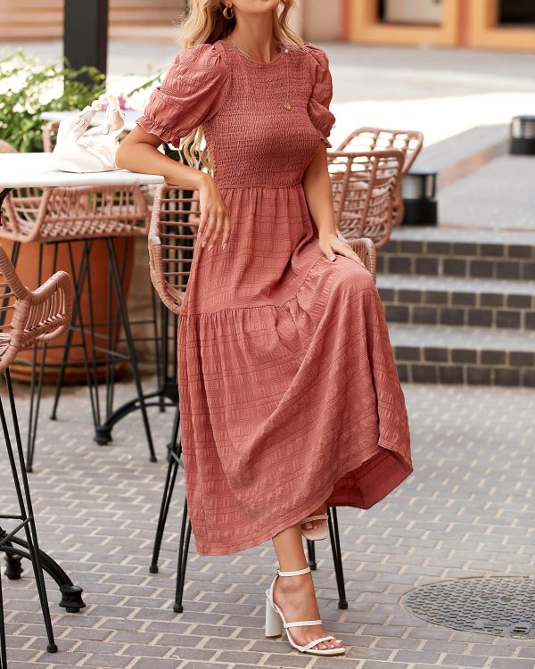 Womens Summer Dresses 2025 Casual Puff Short Sleeve Crewneck Smocked Flowy Ruffle Boho Beach Party Maxi Sundress