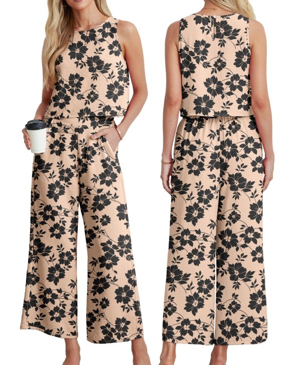 Women's Summer 2 Piece Outfits Set Round neck Sleeveless Tank Crop Top Wide Leg pants Set Pockets Jumpsuits